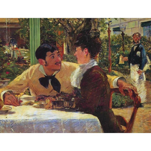 Couple at Pere Lathuille Black Modern Wood Framed Art Print with Double Matting by Manet, Edouard