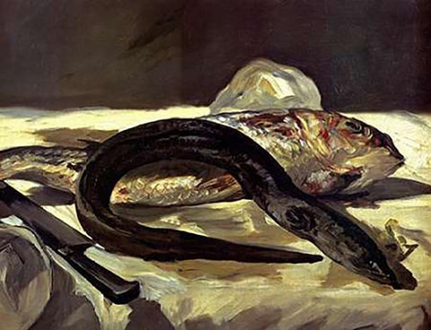 Eel and Red Mullet Black Ornate Wood Framed Art Print with Double Matting by Manet, Edouard