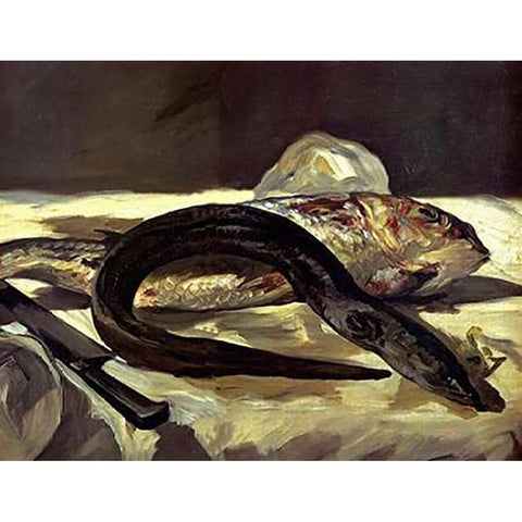 Eel and Red Mullet Black Modern Wood Framed Art Print with Double Matting by Manet, Edouard