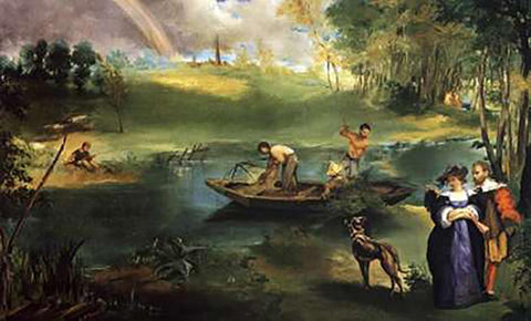 Fishing at St Quen, Paris Black Ornate Wood Framed Art Print with Double Matting by Manet, Edouard