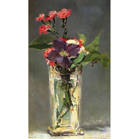 Pinks and Clematis in a Crystal Vase Black Modern Wood Framed Art Print by Manet, Edouard