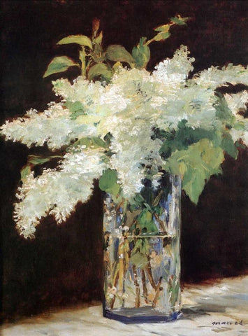 White Lilacs Black Ornate Wood Framed Art Print with Double Matting by Manet, Edouard