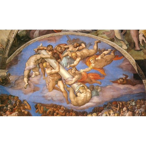 Detail From The Last Judgement (Angels Carrying The Column 2) Black Modern Wood Framed Art Print with Double Matting by Michelangelo