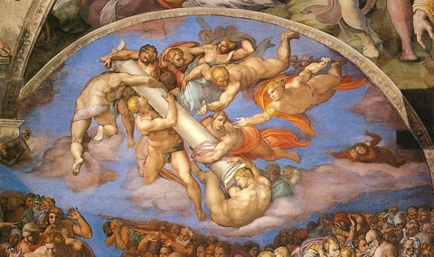 Detail From The Last Judgement (Angels Carrying The Column 2) White Modern Wood Framed Art Print with Double Matting by Michelangelo