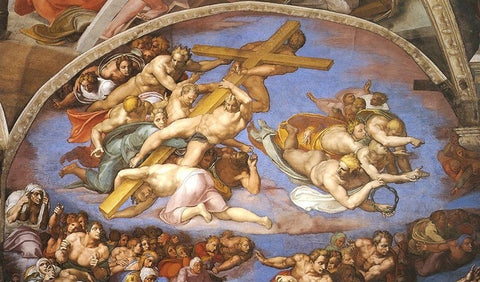 Detail From The Last Judgement (Angels Carrying The Cross) Black Ornate Wood Framed Art Print with Double Matting by Michelangelo