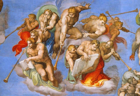 Detail From The Last Judgement - Trumpeting Angels White Modern Wood Framed Art Print with Double Matting by Michelangelo
