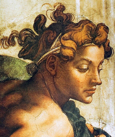 Head Of A Nude Black Ornate Wood Framed Art Print with Double Matting by Michelangelo