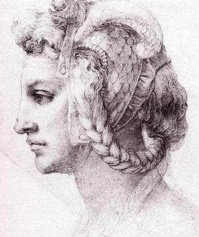 Ideal Head Of A Woman Black Ornate Wood Framed Art Print with Double Matting by Michelangelo
