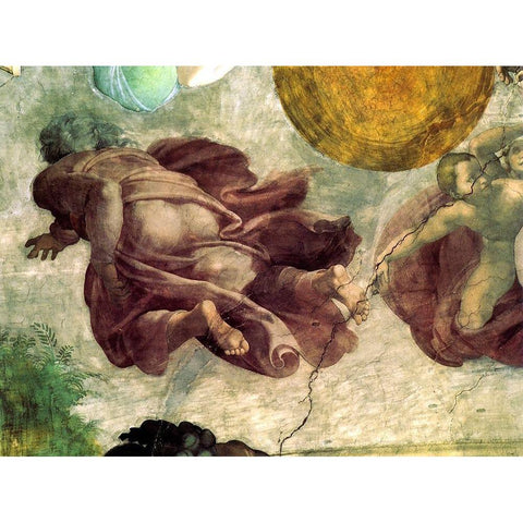 The Creation Of Heavenly Bodies God Creating The Moon And Sun Detail White Modern Wood Framed Art Print by Michelangelo
