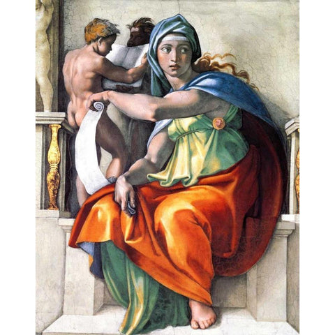 The Delphic Sibyl Gold Ornate Wood Framed Art Print with Double Matting by Michelangelo