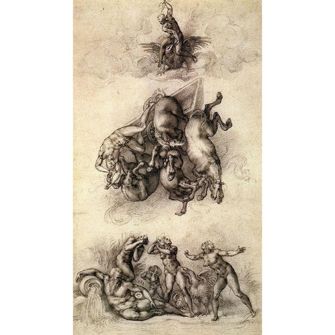 The Fall Of Phaeton-4 White Modern Wood Framed Art Print by Michelangelo