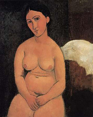 A Seated Nude White Modern Wood Framed Art Print with Double Matting by Modigliani, Amedeo