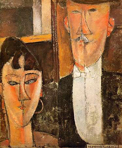 Bride And Groom Les Maries Black Ornate Wood Framed Art Print with Double Matting by Modigliani, Amedeo