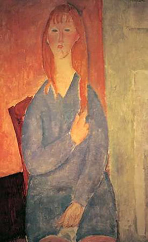 Girl In Blue Dress White Modern Wood Framed Art Print with Double Matting by Modigliani, Amedeo