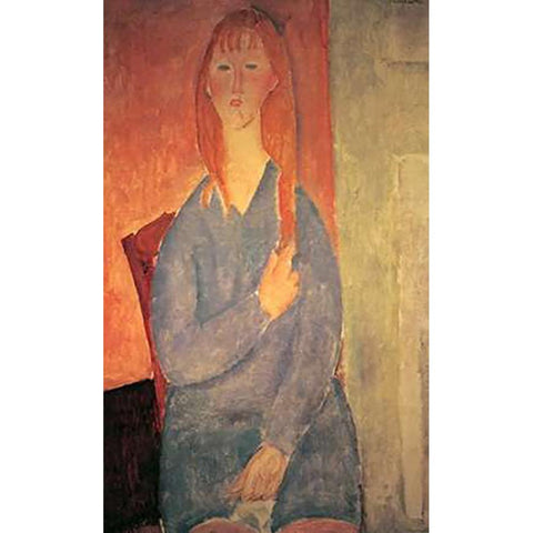 Girl In Blue Dress Black Modern Wood Framed Art Print by Modigliani, Amedeo