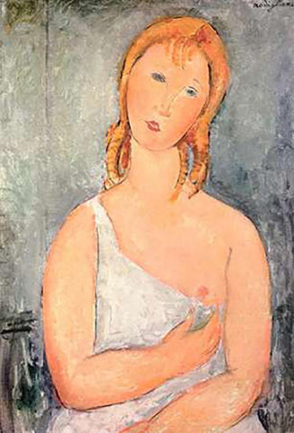 Girl In White Chemise Black Ornate Wood Framed Art Print with Double Matting by Modigliani, Amedeo