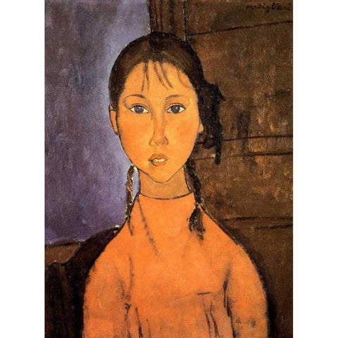 Girl With Braids White Modern Wood Framed Art Print by Modigliani, Amedeo