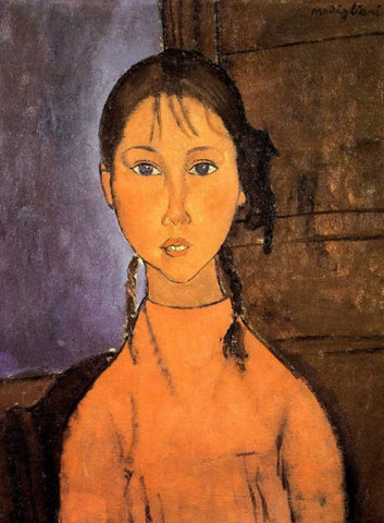 Girl With Braids White Modern Wood Framed Art Print with Double Matting by Modigliani, Amedeo