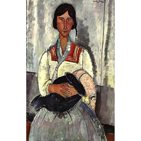 Gypsy Woman With Baby White Modern Wood Framed Art Print by Modigliani, Amedeo