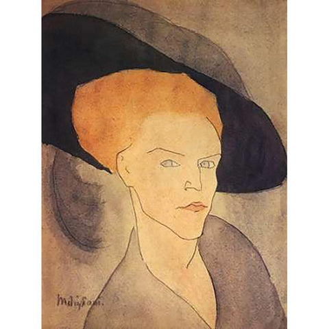 Head Of A Woman Wearing Hat Gold Ornate Wood Framed Art Print with Double Matting by Modigliani, Amedeo