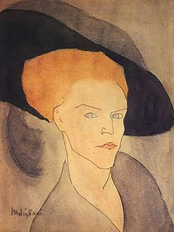 Head Of A Woman Wearing Hat White Modern Wood Framed Art Print with Double Matting by Modigliani, Amedeo