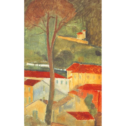 Landscape At Cagnes Gold Ornate Wood Framed Art Print with Double Matting by Modigliani, Amedeo