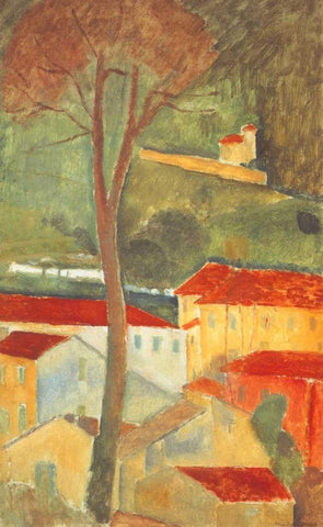 Landscape At Cagnes White Modern Wood Framed Art Print with Double Matting by Modigliani, Amedeo