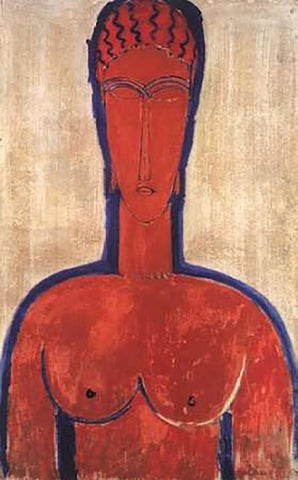 Large Red Bust Black Ornate Wood Framed Art Print with Double Matting by Modigliani, Amedeo