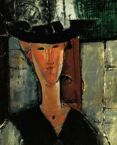 Madam Pompadour Black Ornate Wood Framed Art Print with Double Matting by Modigliani, Amedeo