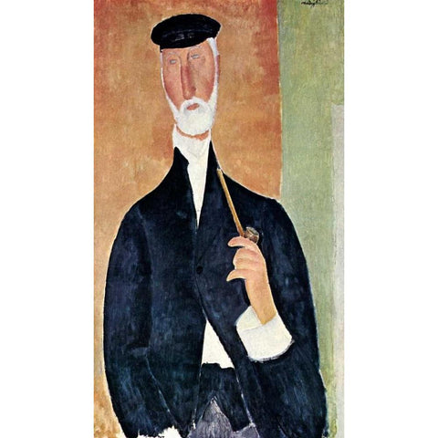 Man With Pipe Black Modern Wood Framed Art Print with Double Matting by Modigliani, Amedeo