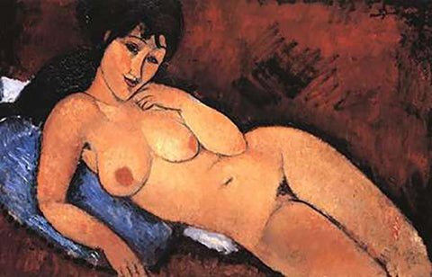 Nude On A Blue Cushion White Modern Wood Framed Art Print with Double Matting by Modigliani, Amedeo