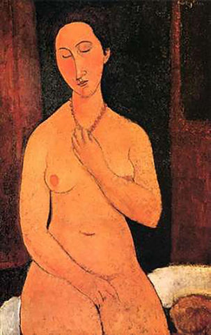 Nude With Necklace White Modern Wood Framed Art Print with Double Matting by Modigliani, Amedeo