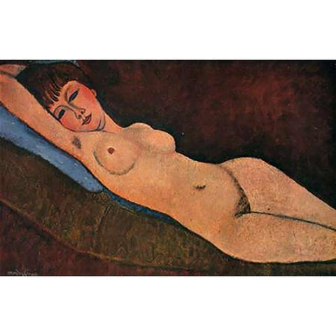 Reclining Nude Blue Cushion Gold Ornate Wood Framed Art Print with Double Matting by Modigliani, Amedeo