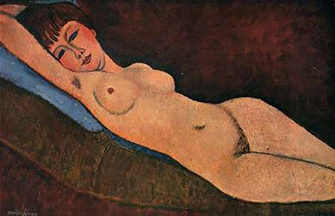 Reclining Nude Blue Cushion Black Ornate Wood Framed Art Print with Double Matting by Modigliani, Amedeo