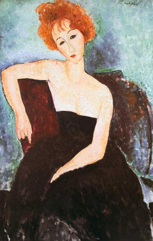 Red Headed Woman Black Ornate Wood Framed Art Print with Double Matting by Modigliani, Amedeo