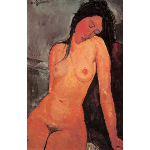 The Seated Nude Gold Ornate Wood Framed Art Print with Double Matting by Modigliani, Amedeo