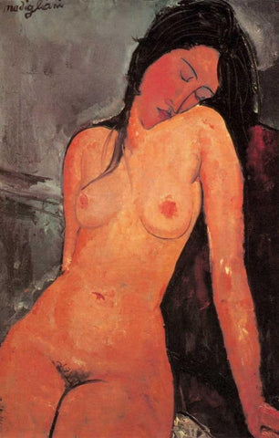 The Seated Nude Black Ornate Wood Framed Art Print with Double Matting by Modigliani, Amedeo