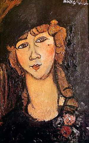 Woman In Hat Lolotte Black Ornate Wood Framed Art Print with Double Matting by Modigliani, Amedeo