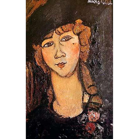 Woman In Hat Lolotte Black Modern Wood Framed Art Print with Double Matting by Modigliani, Amedeo