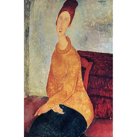 Yellow Sweater Mme Hebuterne Black Modern Wood Framed Art Print by Modigliani, Amedeo