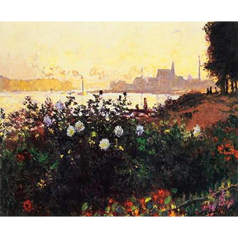 Argenteuil The Bank In Flower Black Modern Wood Framed Art Print with Double Matting by Monet, Claude