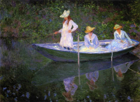 Barque A Giverny White Modern Wood Framed Art Print with Double Matting by Monet, Claude