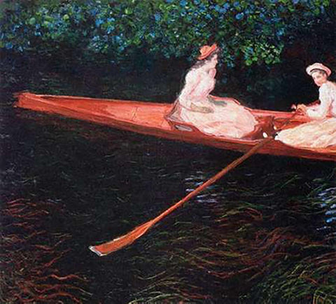 Boating On The River Epte 1890 White Modern Wood Framed Art Print with Double Matting by Monet, Claude