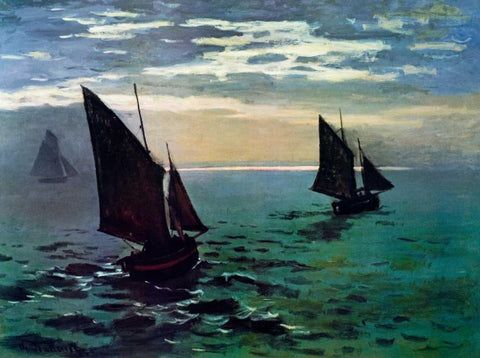 Boats Leaving The Harbor White Modern Wood Framed Art Print with Double Matting by Monet, Claude