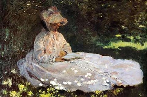 Camille Reading 1872 White Modern Wood Framed Art Print with Double Matting by Monet, Claude