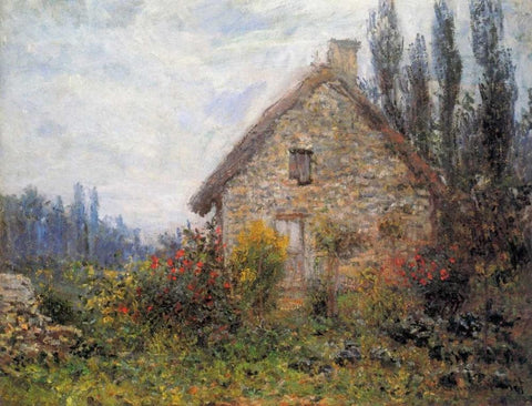 Cottage 1879 White Modern Wood Framed Art Print with Double Matting by Monet, Claude