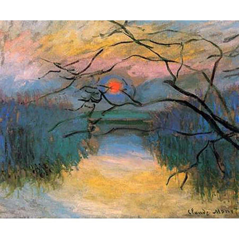 Coucher de soleil sur la Seine a Vetheuil Gold Ornate Wood Framed Art Print with Double Matting by Monet, Claude