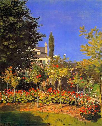 Flowering Garden 1866 White Modern Wood Framed Art Print with Double Matting by Monet, Claude