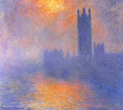 Houses Of Parliment Through The Fog White Modern Wood Framed Art Print with Double Matting by Monet, Claude