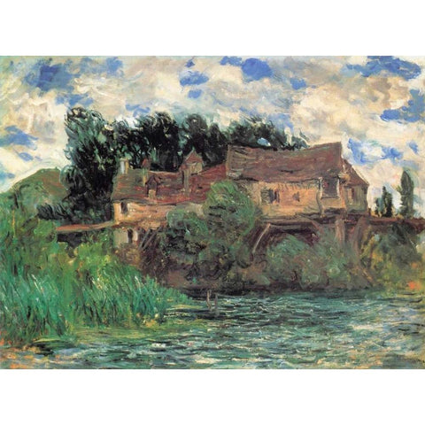 Houses On The Old Bridge At Vernon 1883 Gold Ornate Wood Framed Art Print with Double Matting by Monet, Claude